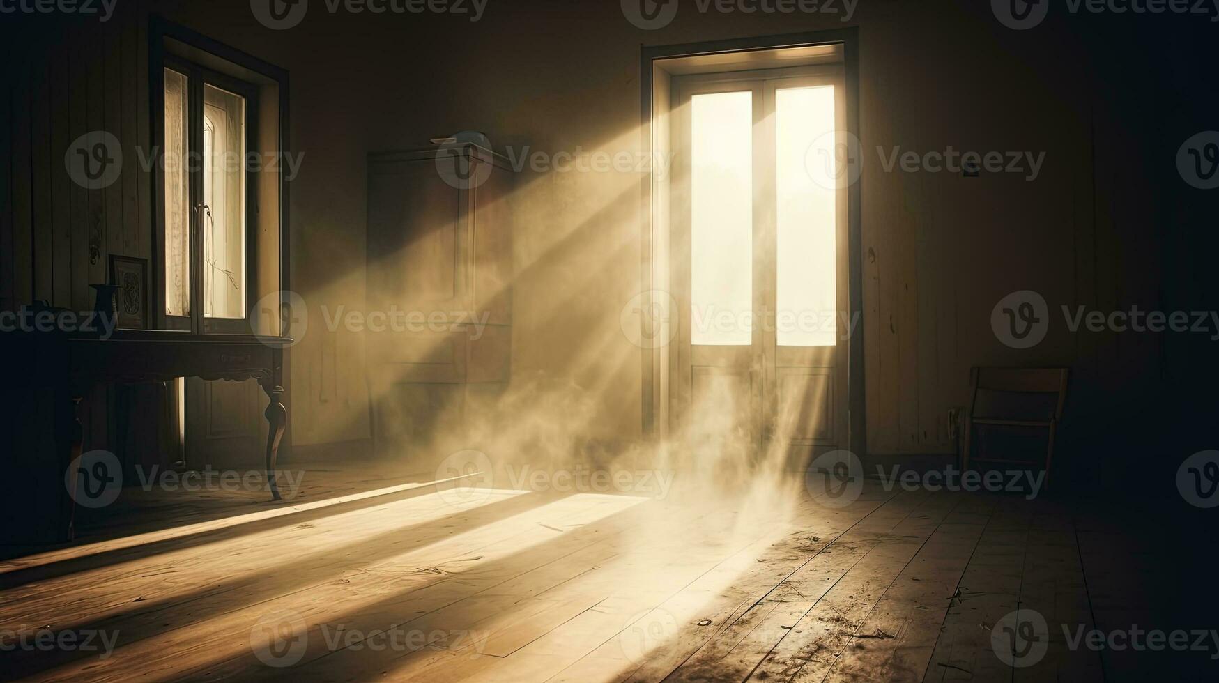 polvoriento habitación con antiguo afligido ventanas y Dom rayos abandonado sucio interior con luces en el polvo. generado ai. foto