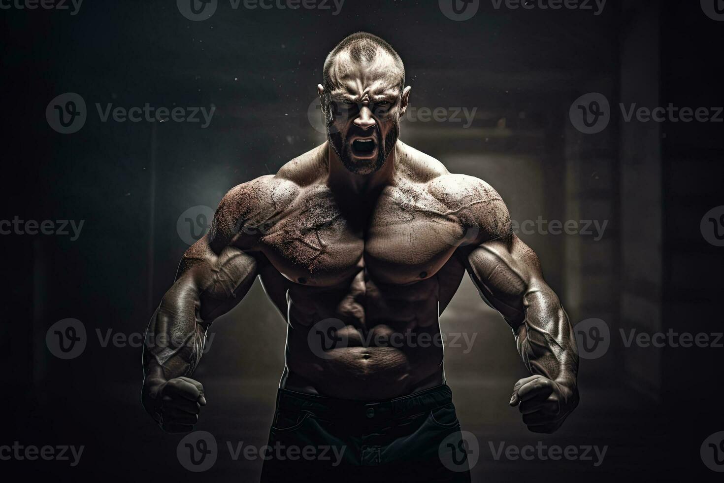 Extreme bodybuilder showing his muscles. Huge athlete demonstrating power. Generated AI. photo