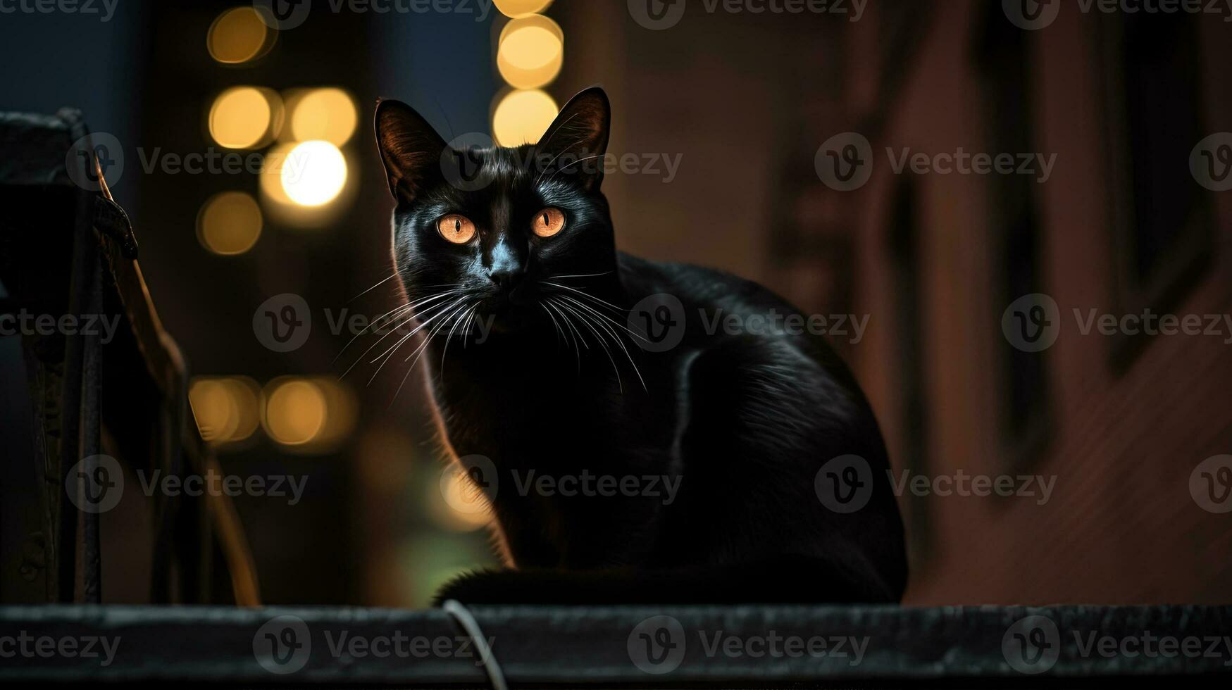 Black cat sitting on a railing at night, in the style of life in New York city. Generated AI. photo