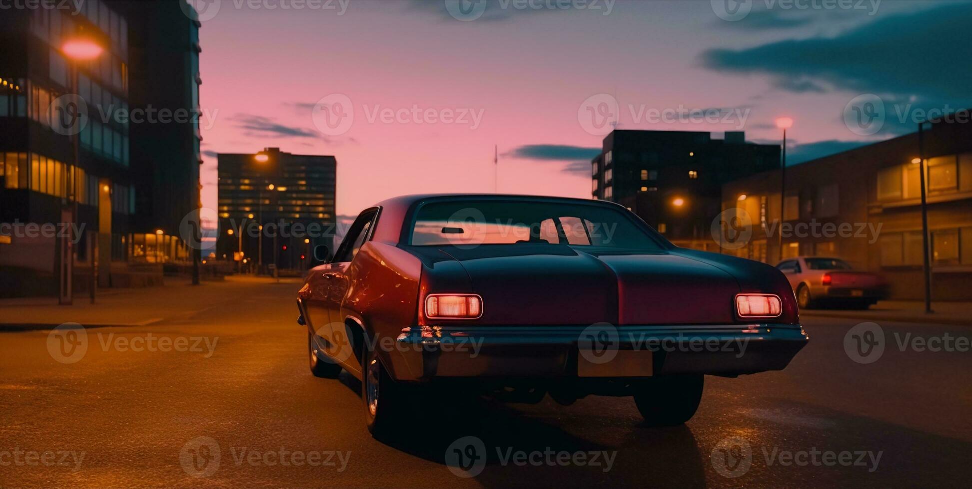 Vintage muscle car parked on the street at night. 80s styled synthwave retro scene with powerful drive in evening. Generated AI. photo