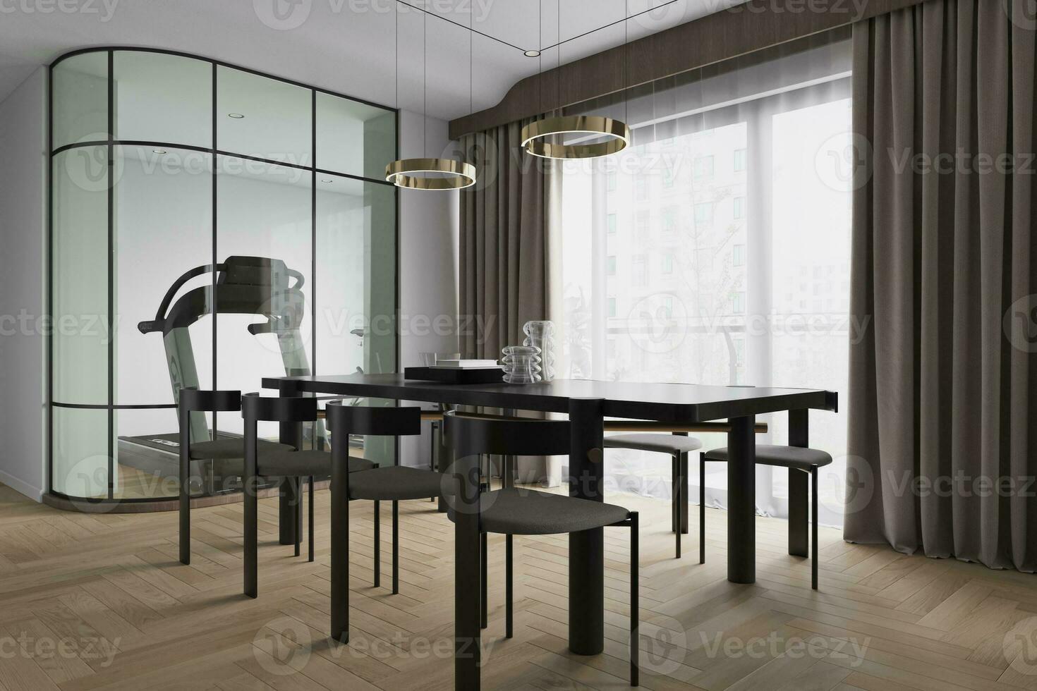 Modern Dining Table in the Dining room interior design overview 3D Rendering photo