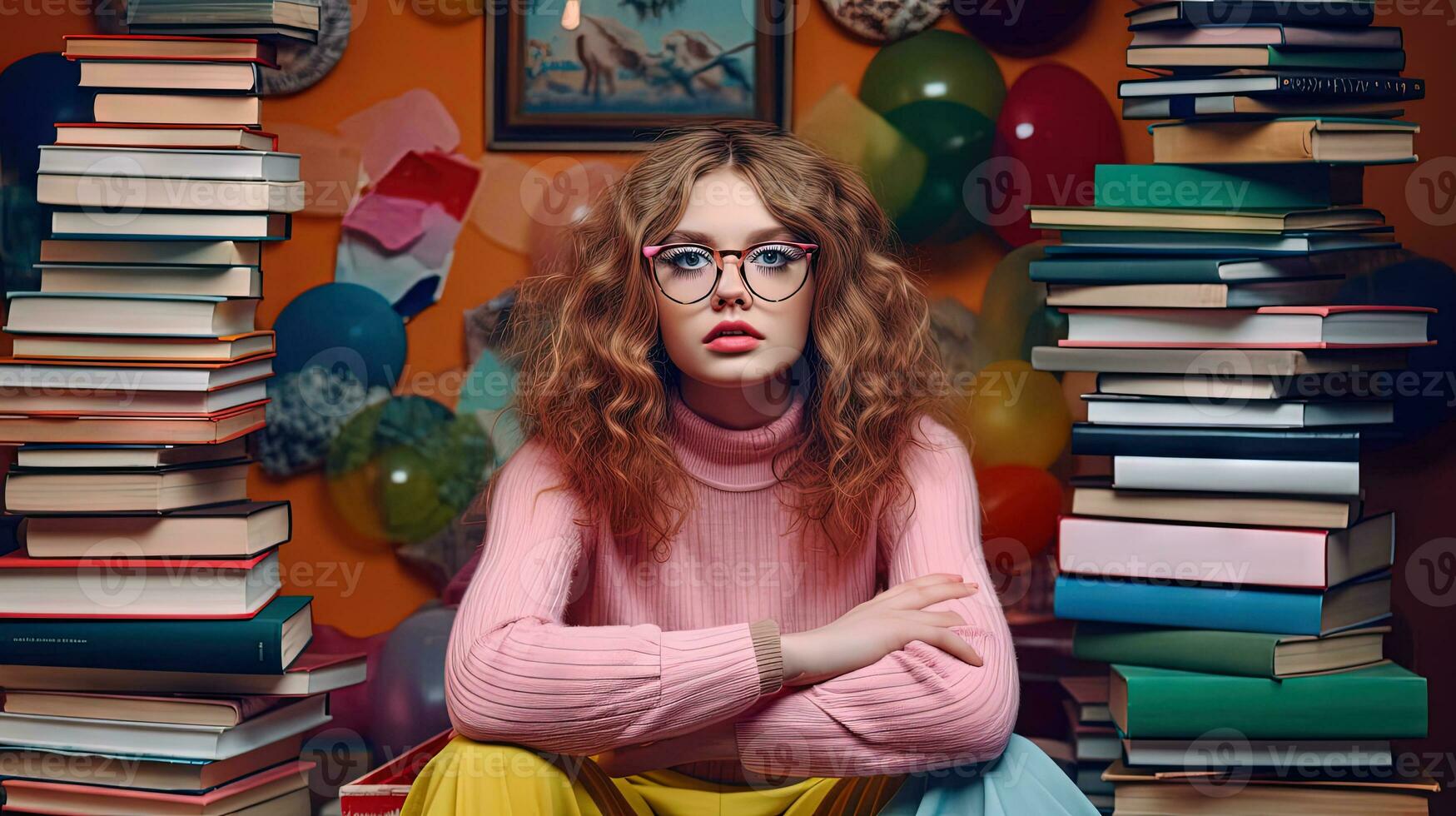 Cute girl with glasses sitting surrounded by the books. Books around the schoolgirl in colorful scene. Generated AI. photo