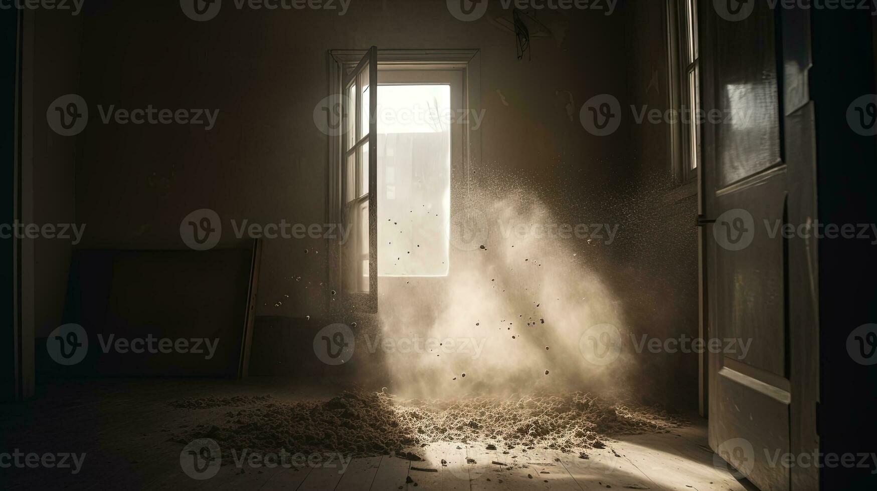 Dusty room with old distressed windows and sun rays. Abandoned grungy interior with lights in the dust. Generated AI. photo