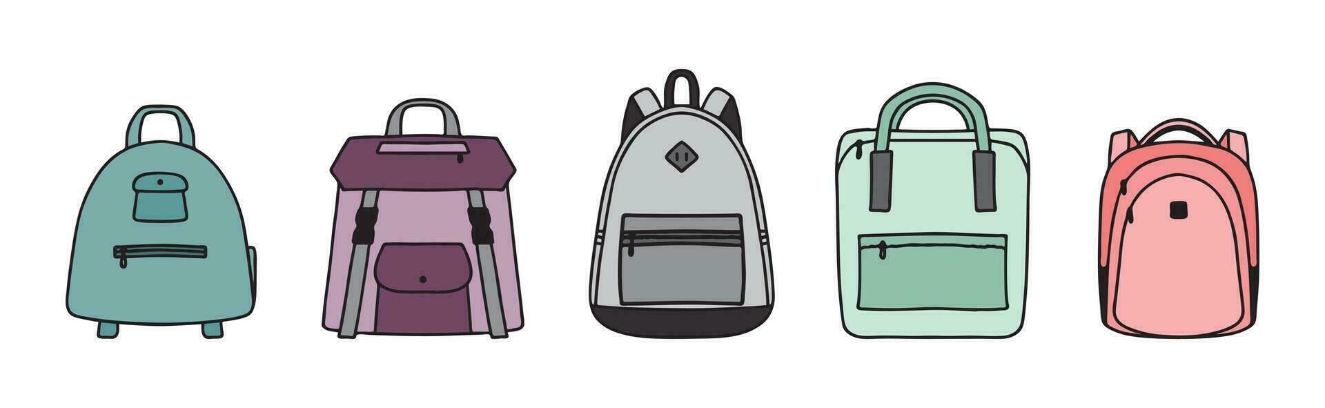conjunto de vistoso mochilas sencillo garabatear estilo vector ilustración aislado en blanco antecedentes