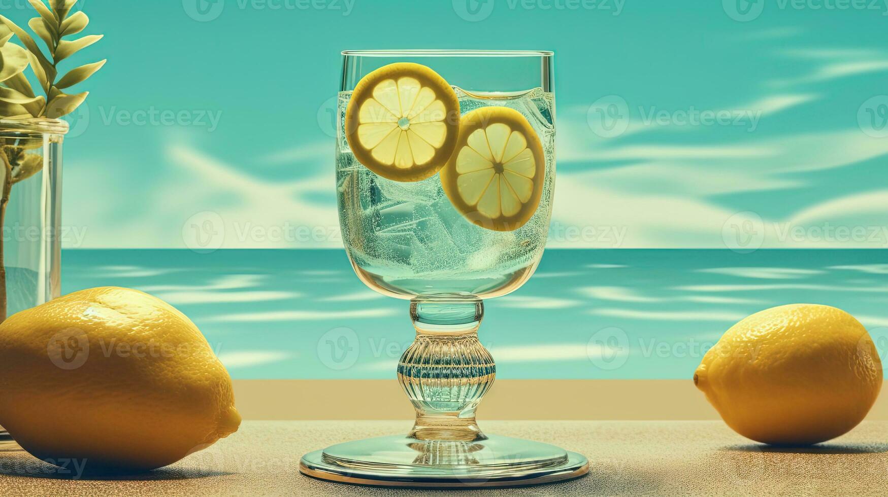 Glass with lemon water in the sand of the beach. Vacation scene with lemonade glass on the shore line. Generative AI photo