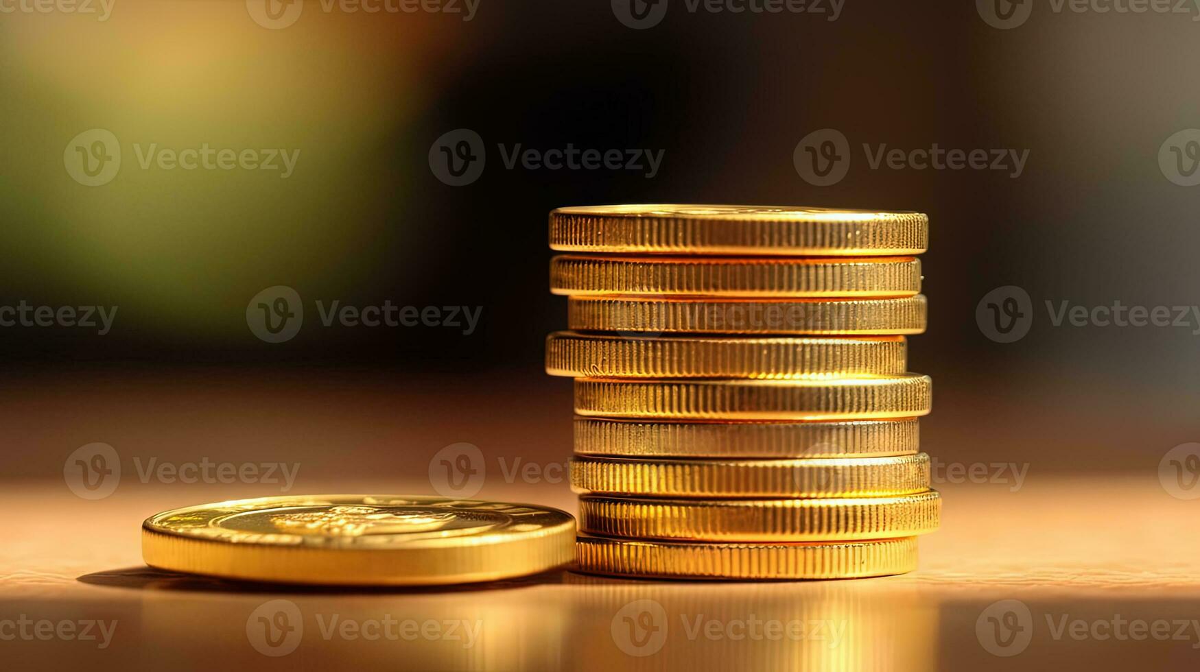 Money concept background with stacks of golden coins. Finance abstract with yellow coins. Generated AI. photo