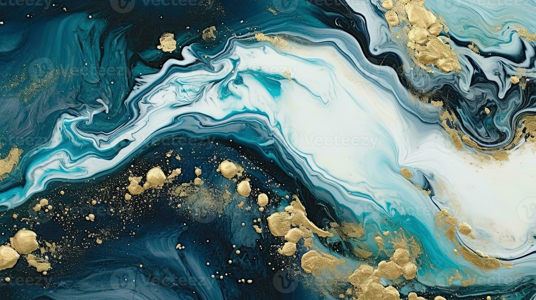 Abstract artistic background with blue marble and golden paint stains. Generated AI. photo