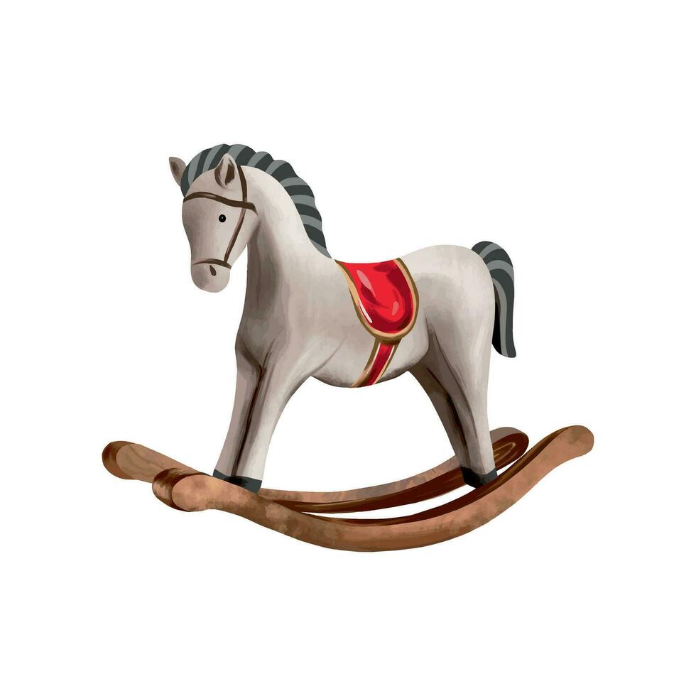 Wooden toy rocking horse. Vector illustration for the New Year composition. Design element for greeting cards, Christmas invitations, themed banners, flyers.