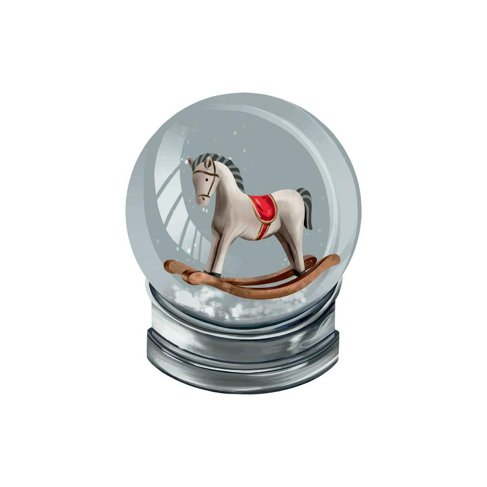 Snow globe with a horse inside. Vector illustration for the New Year composition. Design element for greeting cards, Christmas invitations, themed banners, flyers.