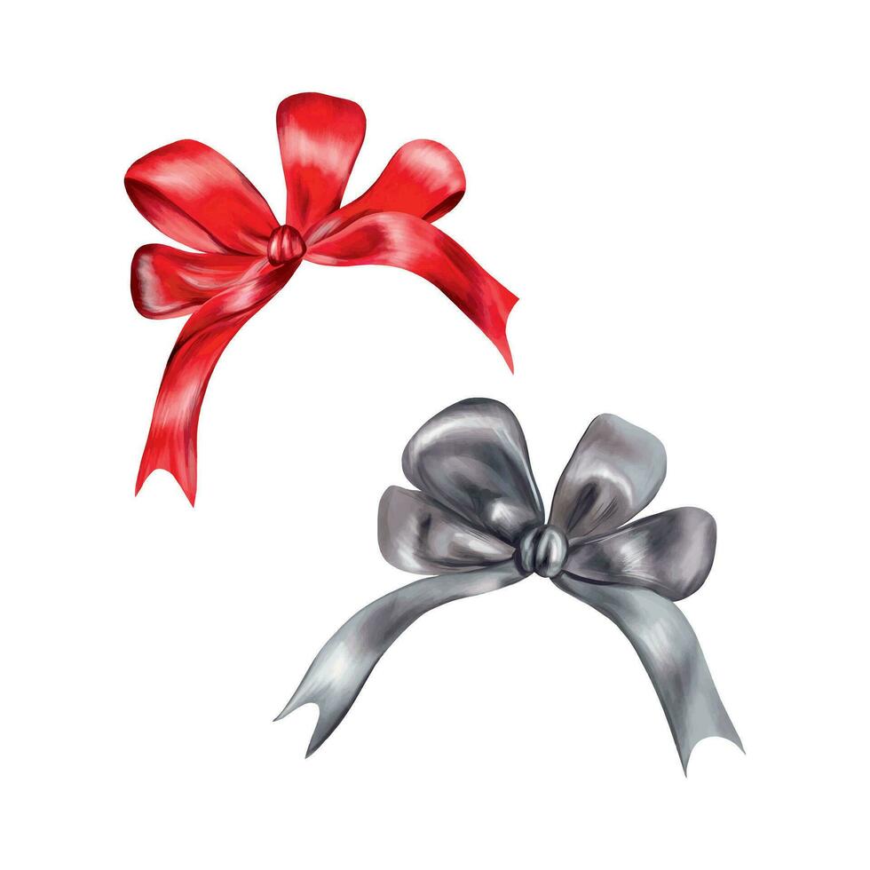 Beautiful red and gray bows. Ribbon vector illustration. Design element for greeting cards, invitations, themed banners, labels, flyers.