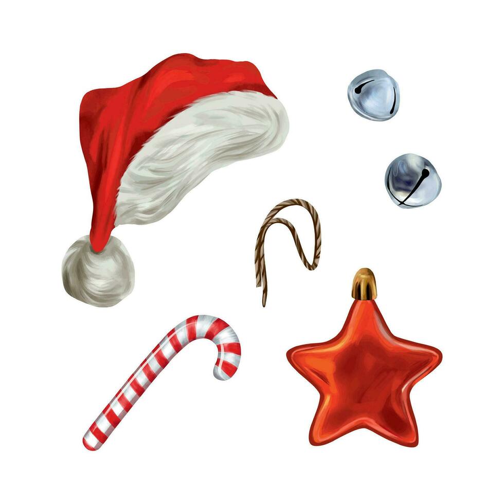 Papa Noel sombrero, caramelo caña, Navidad campanas, estrella. vector ilustración para nuevo año composición. diseño elemento para saludo tarjetas, Navidad invitaciones, temática pancartas, volantes