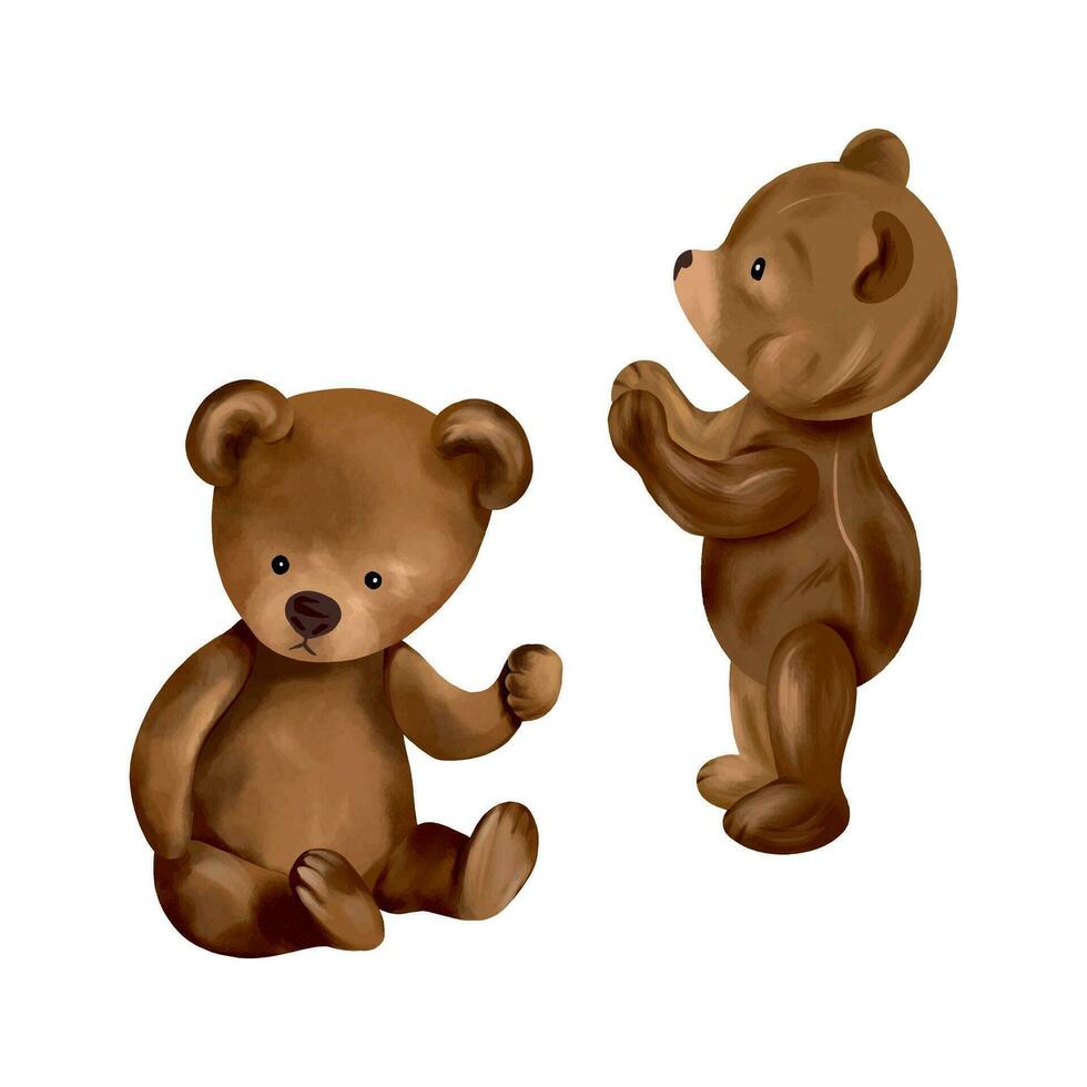 Two teddy bears. Vector illustration for New Year composition. Design element for greeting cards, Christmas invitations, themed banners, flyers.