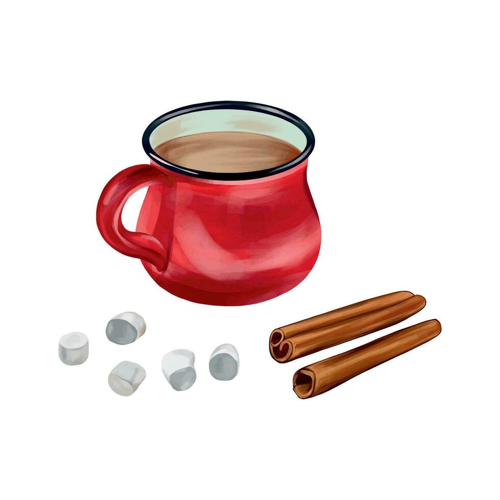 Red mug with hot drink, marshmallow and cinnamon. Vector illustration for New Year composition. Design element for greeting cards, Christmas invitations, themed banners, flyers.
