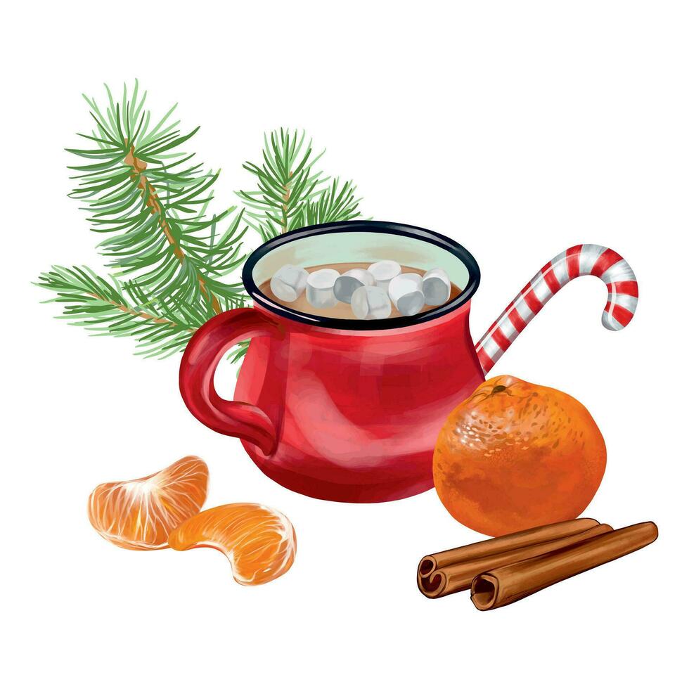 Hot drink in a red mug with marshmallows, tangerines, cinnamon spruce branch. Vector illustration for New Year composition. Design element for greeting cards, invitations, themed banners, flyers.