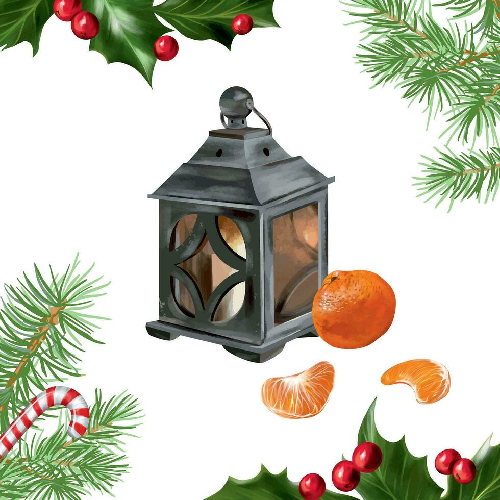 Candlestick, tangerines, spruce branches. Vector illustration of a Christmas composition. Design element for greeting cards, New Year invitations, themed banners, flyers.