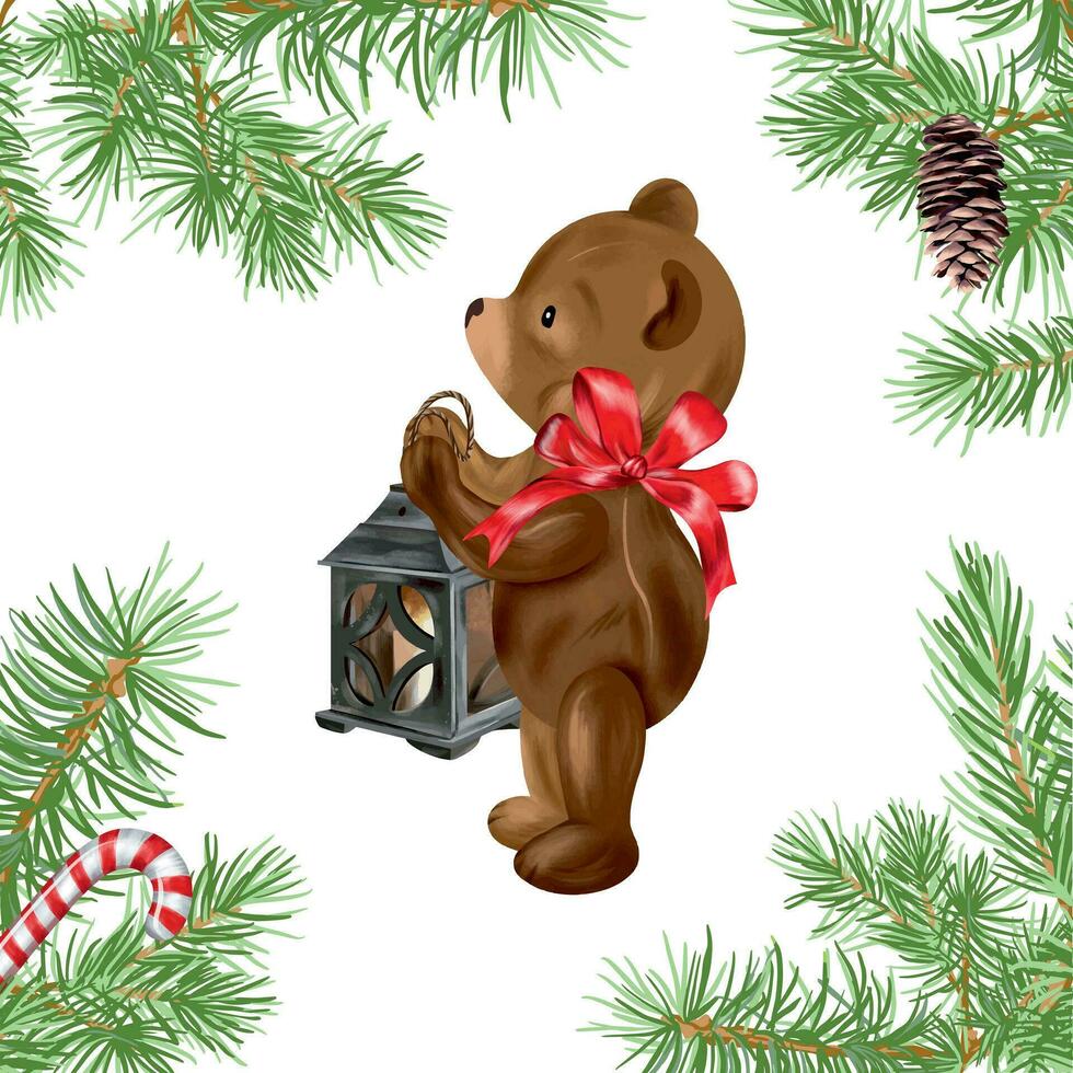 A teddy bear with a red bow and a candlestick in his hands. Vector illustration for New Year composition. Design element for greeting cards, Christmas invitations, themed banners, flyers.