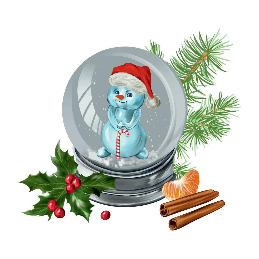 Snow globe with a snowman inside, holly, cinnamon, mandarin slices, spruce branch. Vector illustration for New Year composition. Greeting cards, Christmas invitations, themed banners, flyers.