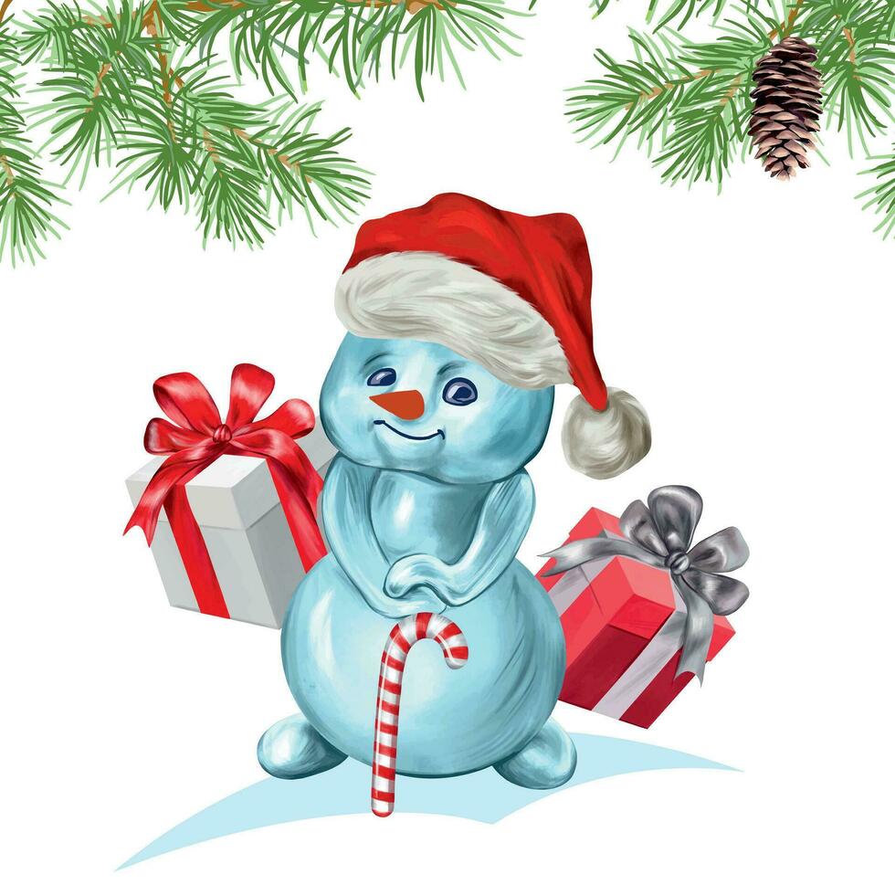 Cartoon snowman in Santa's hat, gifts, fir branch. Vector illustration for New Year composition. Design element for greeting cards, Christmas invitations, themed banners, flyers.