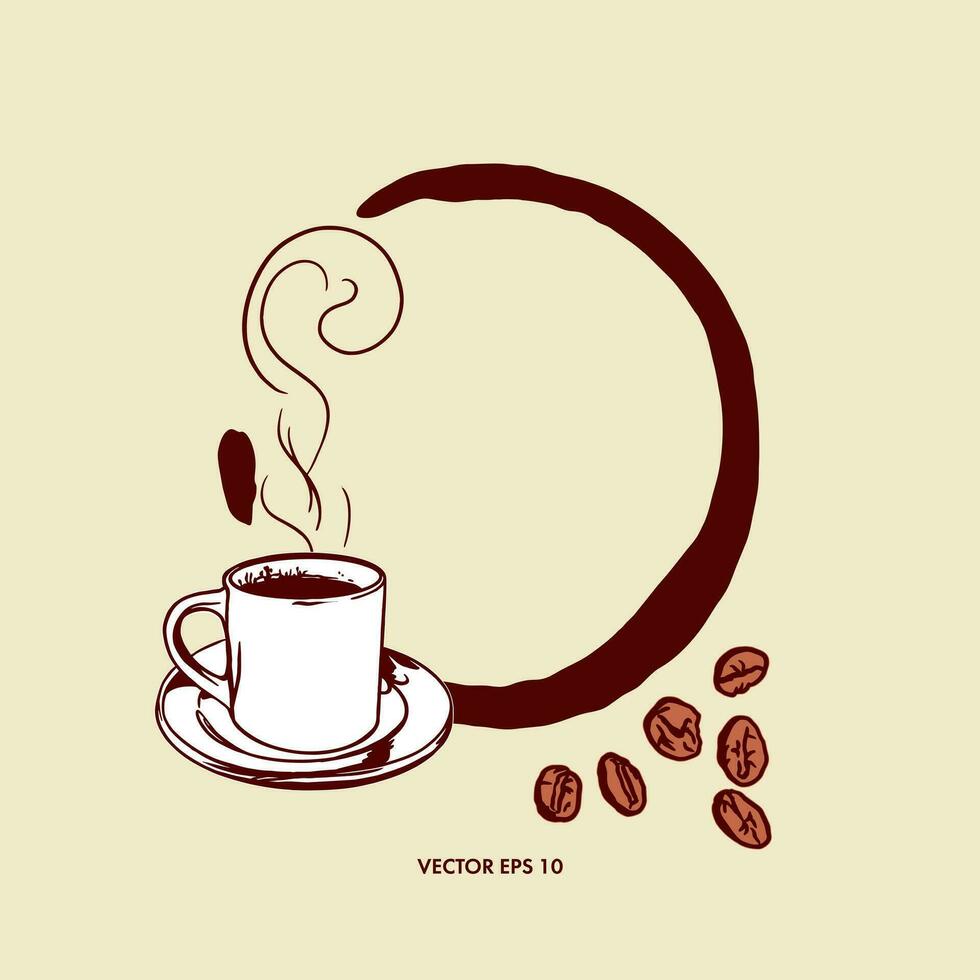 Traces from a cup of coffee, a cup of coffee, coffee beans. Vector illustration of a coffee frame. Design element for greeting cards, invitations, menus, labels, holiday banners for cafe.