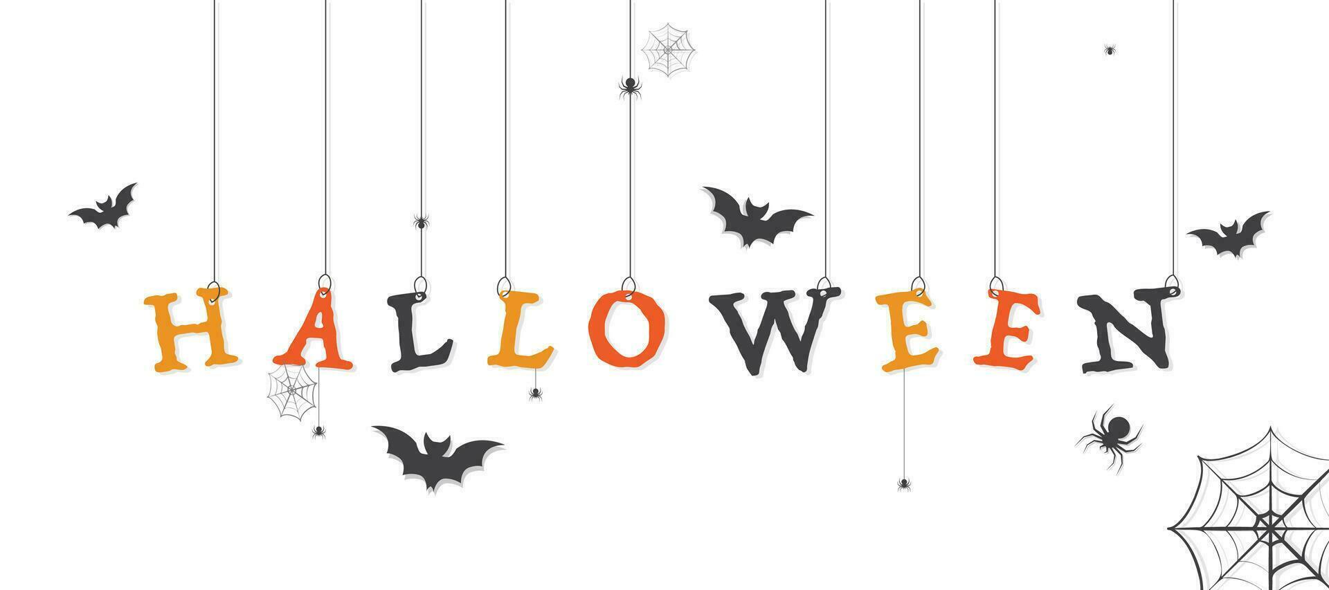 Halloween hanging text. Horror illustration with bat and spiders. Happy halloween banner on white background. Spider web template. Scary decoration with colorful text. Vector EPS 10.
