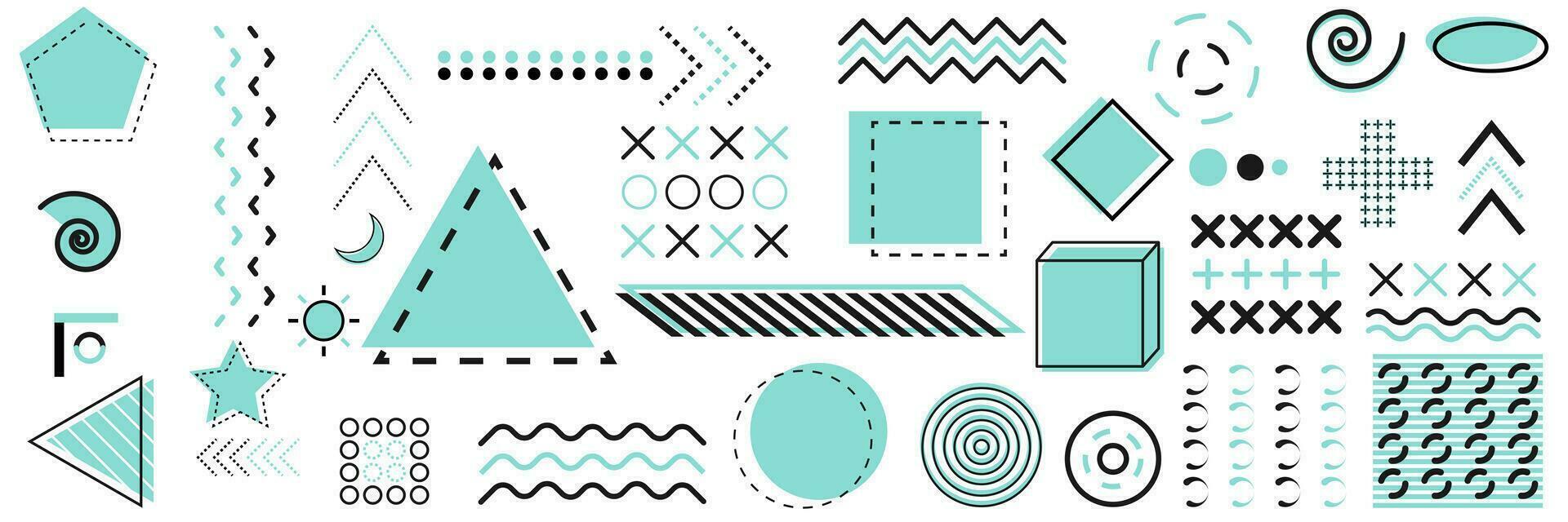 Collection of geometric abstract shapes. Modern memphis illustration set in mint colors. Isolated trendy template for banner and poster. Halftone geometric shapes. Triangle, star and wave icons. vector