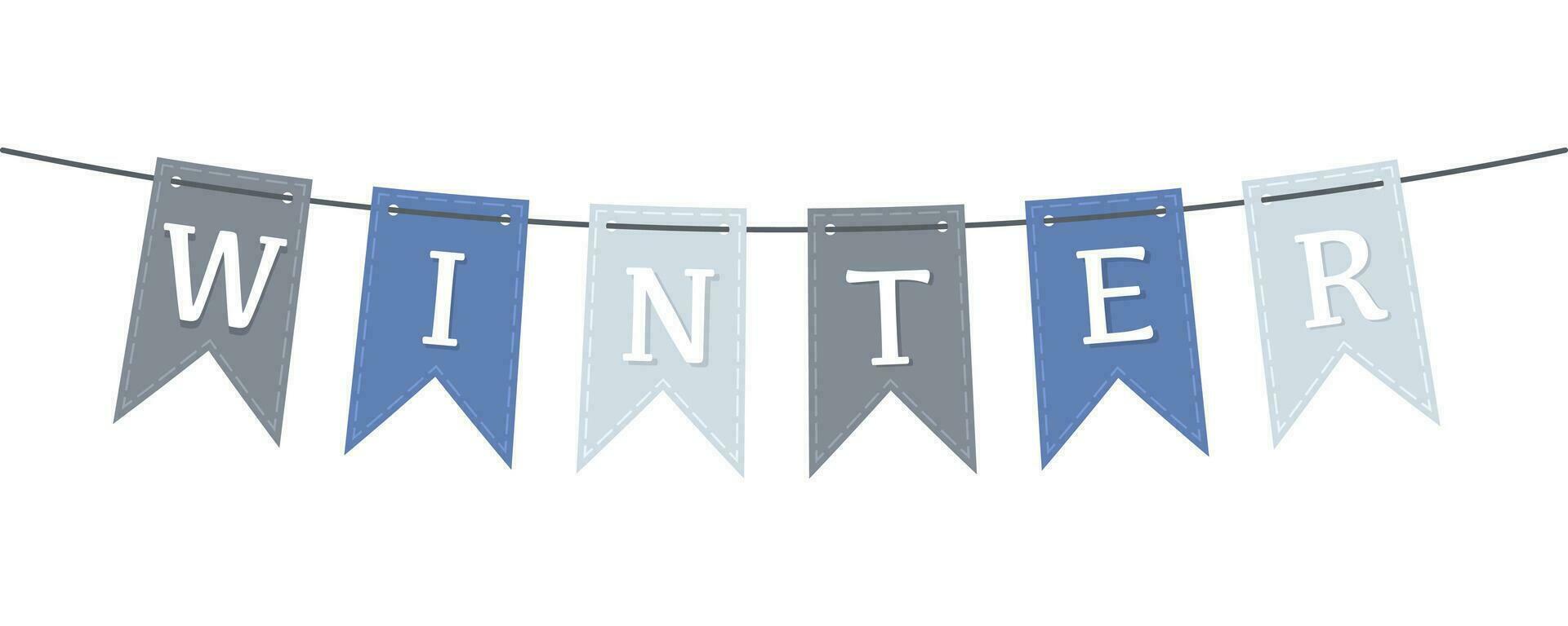 Winter banner flags. Hanging carnival garland. Triangular decor on a rope. Festival decoration. Holiday string in blue and grey. Greeting card on white background. Vector EPS 10.