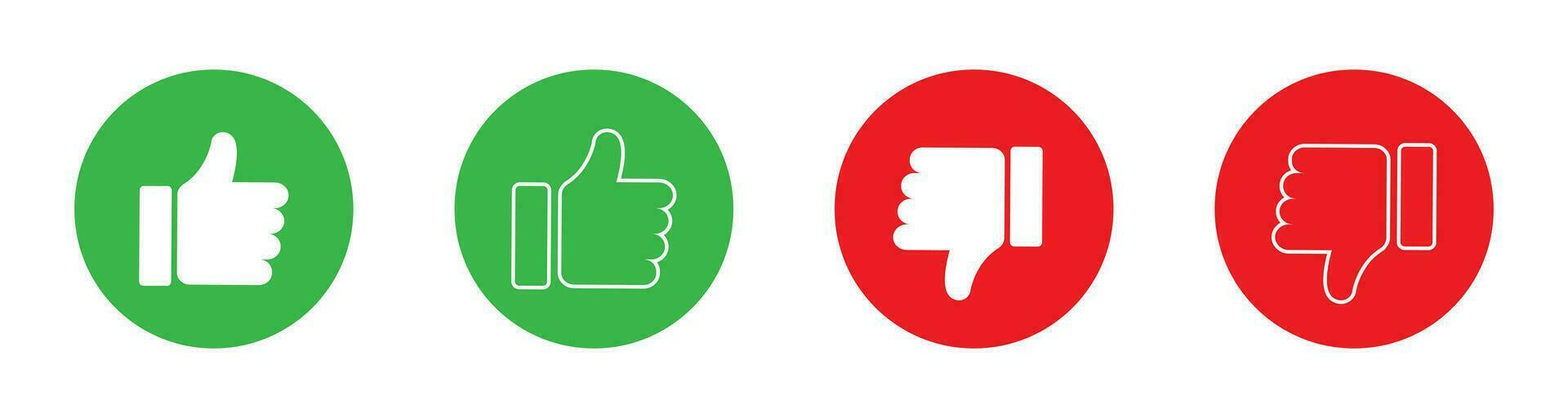 Thumbs up and down in green and red. Isolated good and bad sign on white background. Flat negative and positive symbol. Like and dislike sign. Round pictogram with hand. Vector EPS 10.