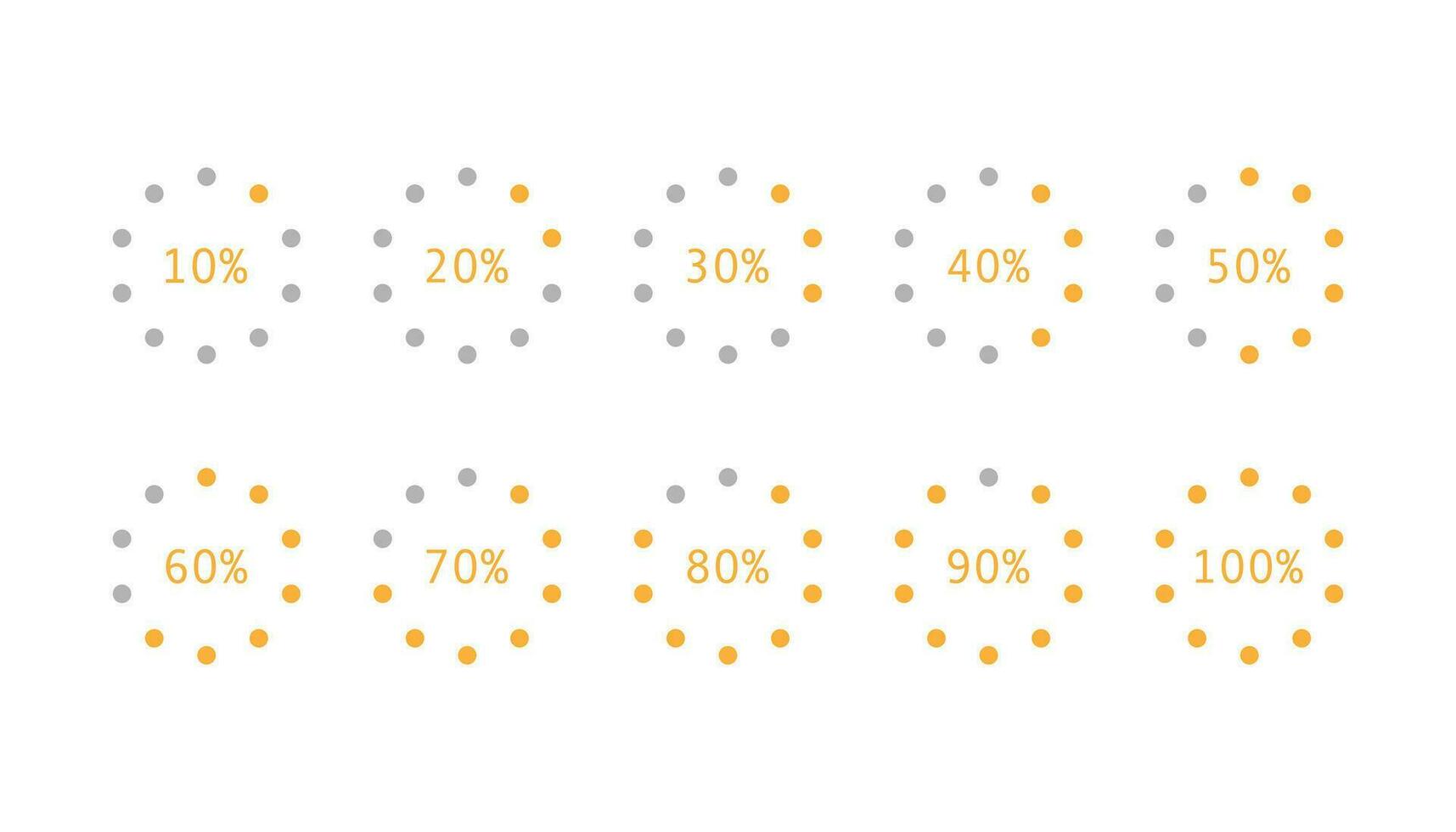 Progress indicator with percentage. Orange loading bar graphic. Round process loader from 10 to 100. Set of downloading and uploading indicator. Isolated progress bar. Vector EPS 10.