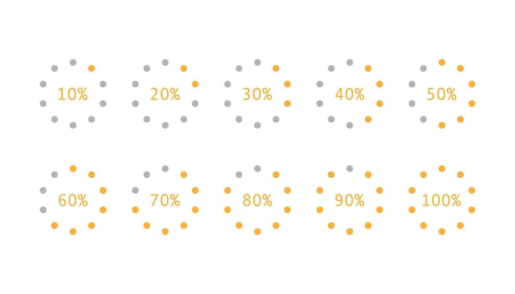 Progress indicator with percentage. Orange loading bar graphic. Round process loader from 10 to 100. Set of downloading and uploading indicator. Isolated progress bar. Vector EPS 10.