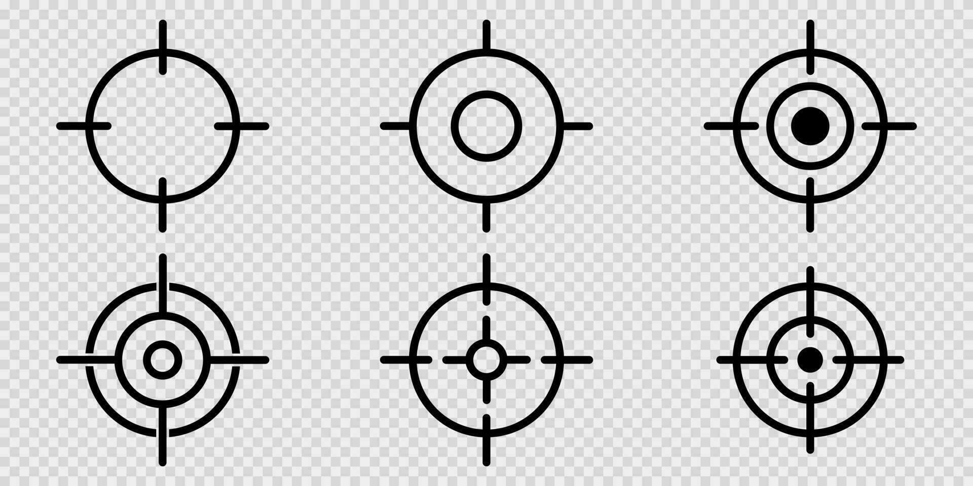 Sniper aim on transparent background. Target icons in black. Focus symbol in circle. Isolated gun shoot aim set. Bullseye vision collection. Round aiming focus. Vector illustration. EPS 10.