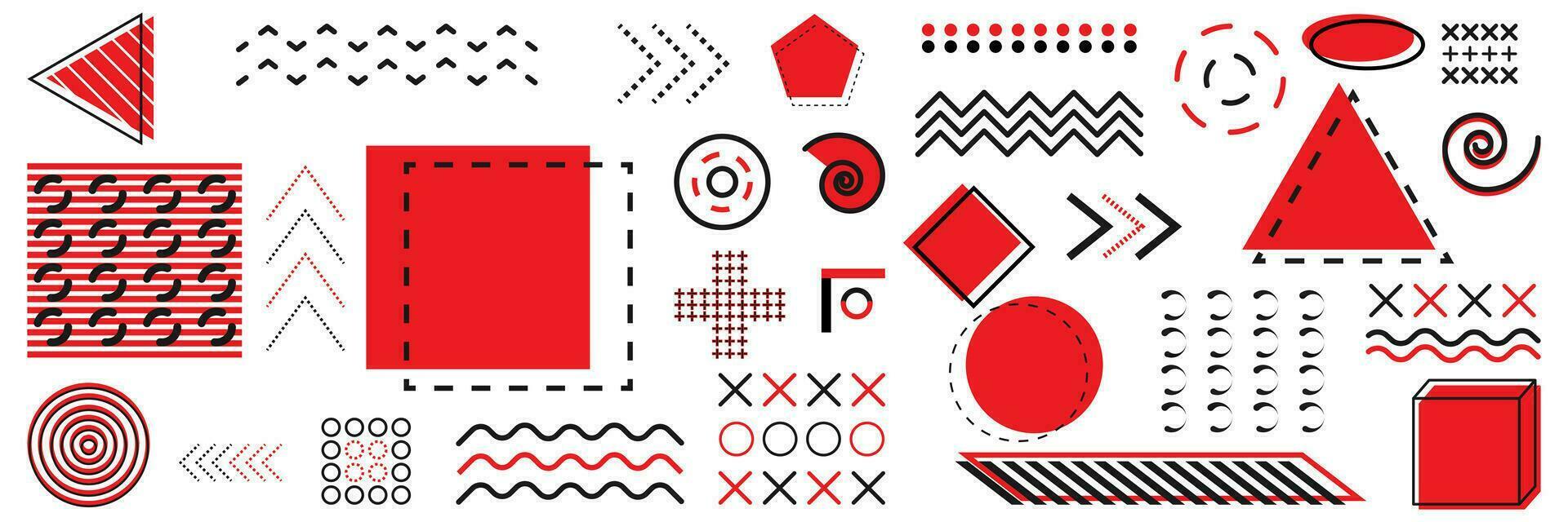 Geometric shapes on white background. Isolated memphis halftone icons. Abstract collection of graphic lines and geometric shapes for banners and pattern. Triangle, circle and square in red and black. vector