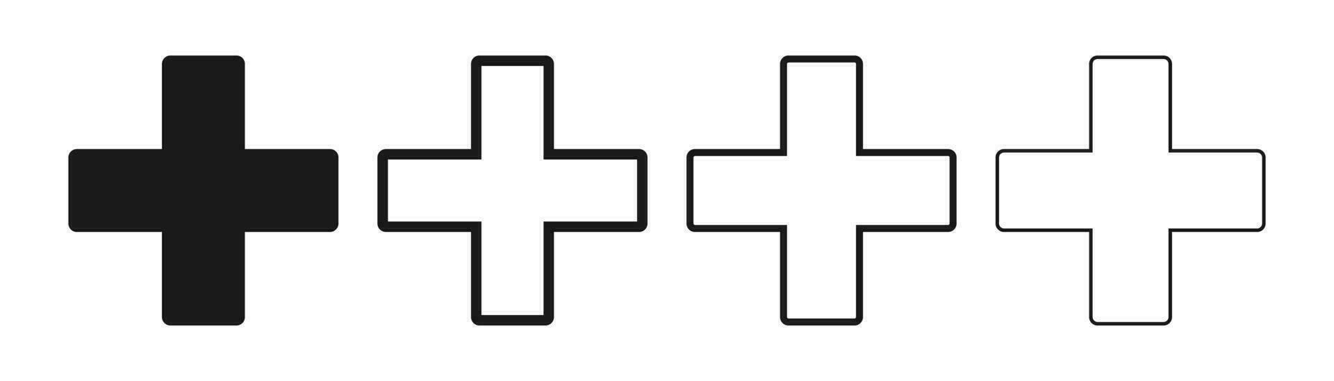 Outline cross shape. Medical first aid symbol. Set of thin cross icons on white background. Blacnk swiss sign. Plus pictogram shape. Hospital symbol in flat. Vector EPS 10.