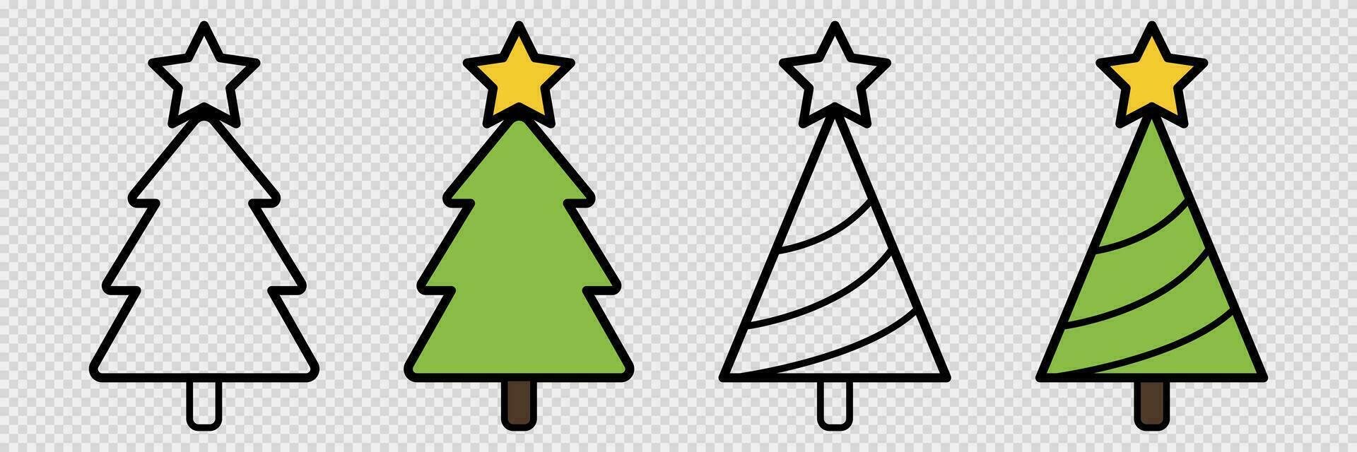 Christmas tree set. Transparent and filled cartoon tree. Outline and colored xmas decoration. Isolated new year symbol on transparent background. Star and triangle shape. Vector EPS 10.