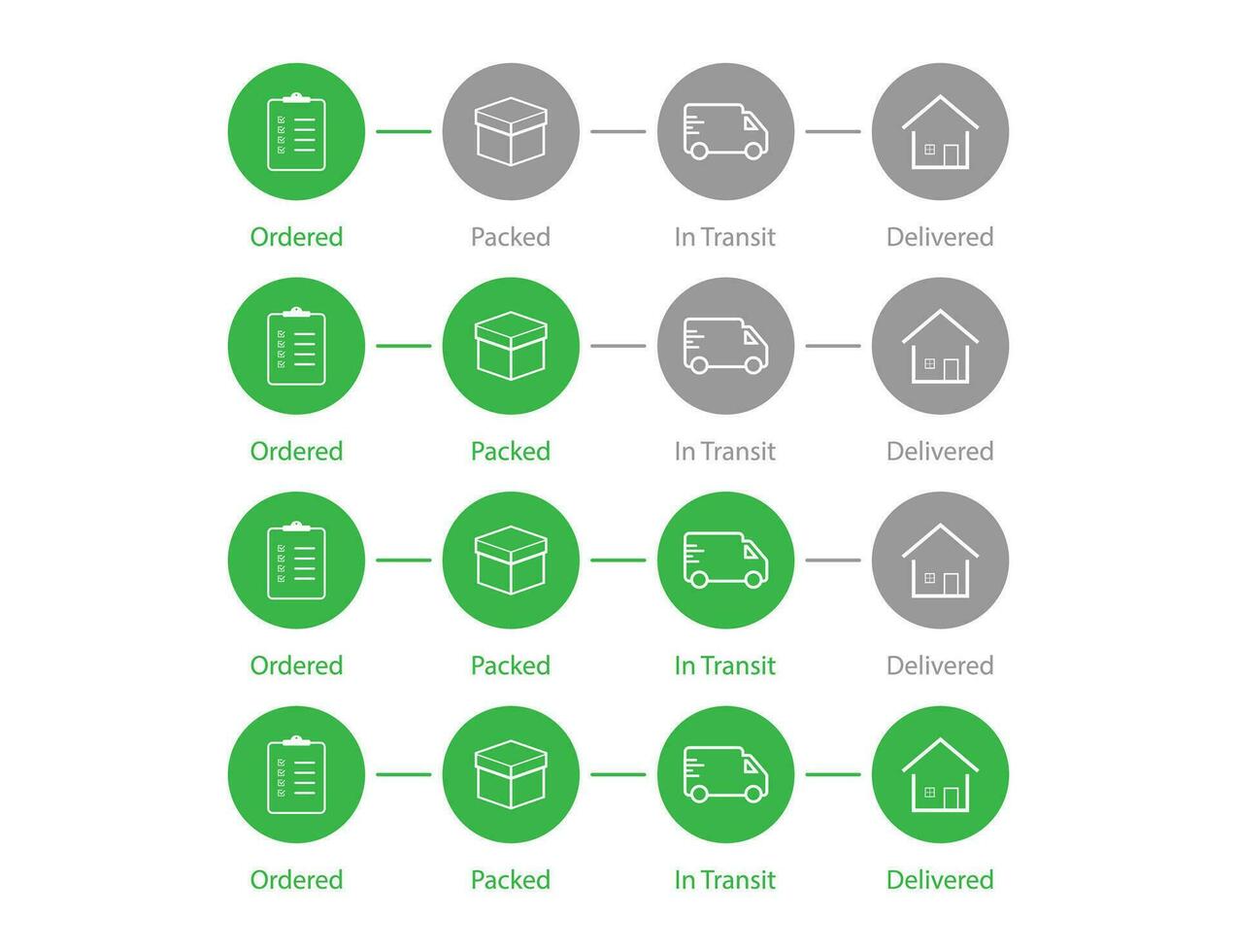 Delivery order status. Shipping process steps in green color. Shipment tracking mao. Set of parcel infographic. Ordered, packed, in transit and delivered status. Isolated delivery status. EPS 10. vector