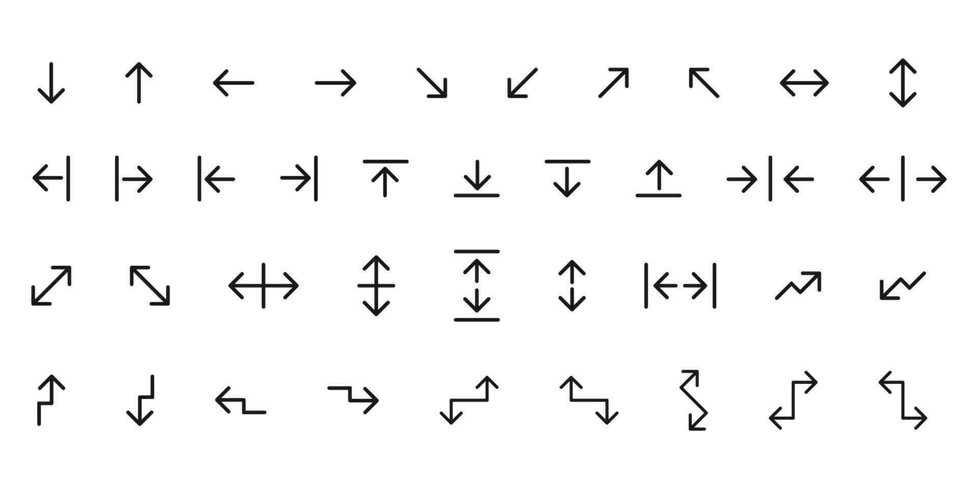 Arrows set. Black navigation cursor icons. Isolated collection of direction arrows. Left and right pointer. Download and upload sign. Simple thin black cursors. Arrow symbol in black. EPS 10. vector