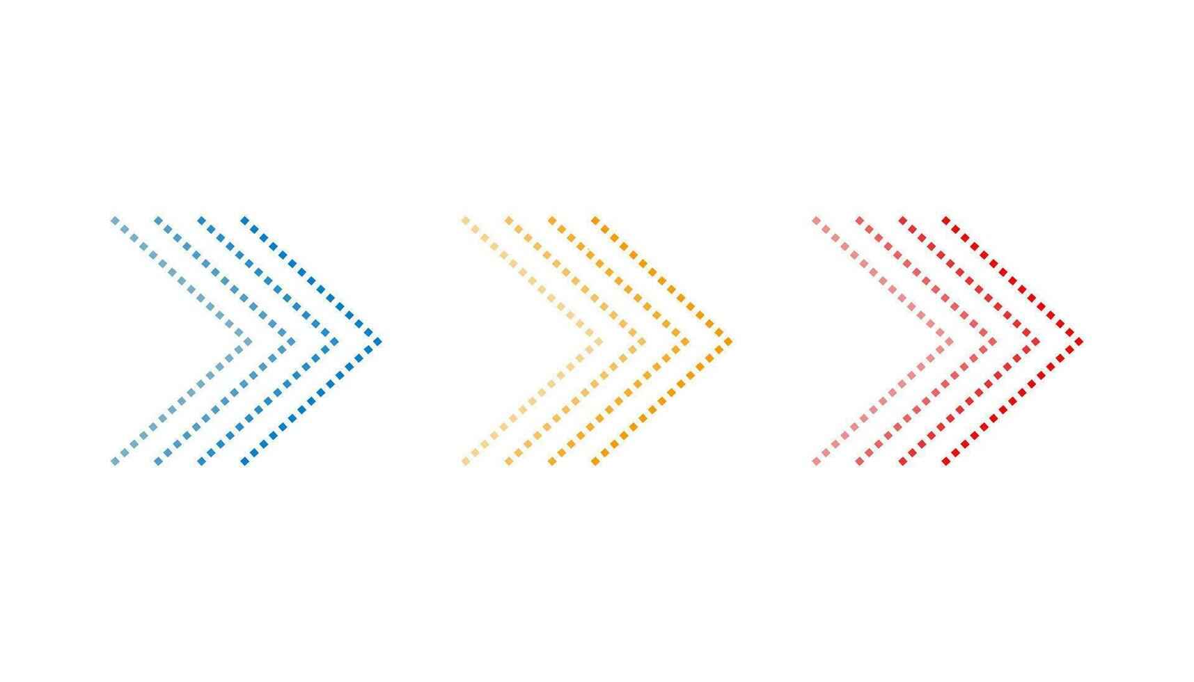 Halftone arrows in blue, orange and red colors. Right direction symbol in modern design. Isolated arrow with dots. Futuristic pointer sign. Geometric arrows with shadow effect. Vector EPS 10.