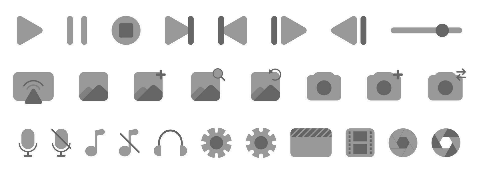 Media player icons. Multimedia control set. Video and audio toolbar interface. Media pack collection. Play and stop icon with settings gear. Mic and notation symbol in black and grey. EPS 10. vector
