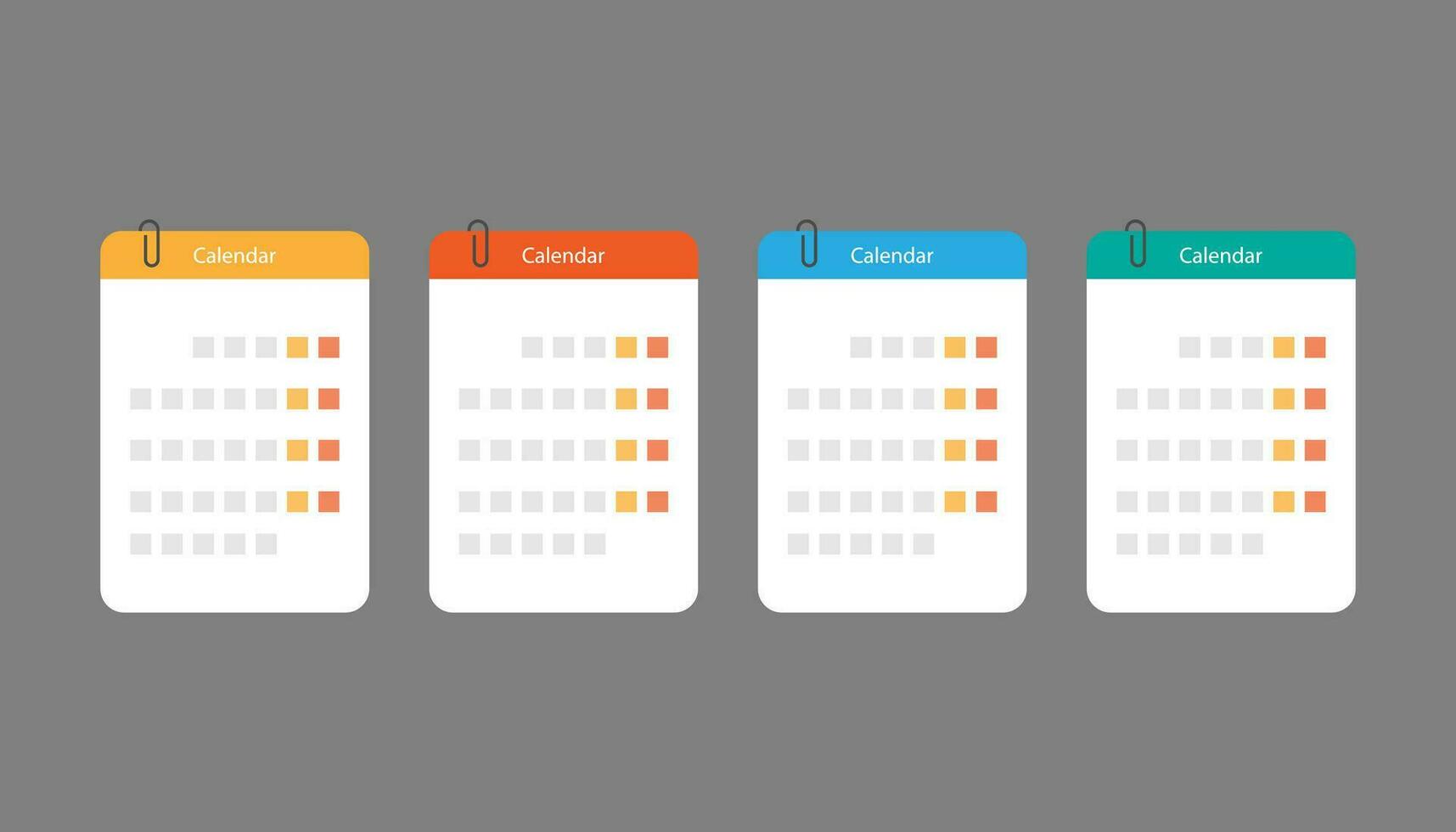 Set of calendar icons in flat design. Isolated month timetable in orange, red, blue and green colors. Meeting plan scheduler. Event appointment. Calendar template with clip icon. EPS 10. vector