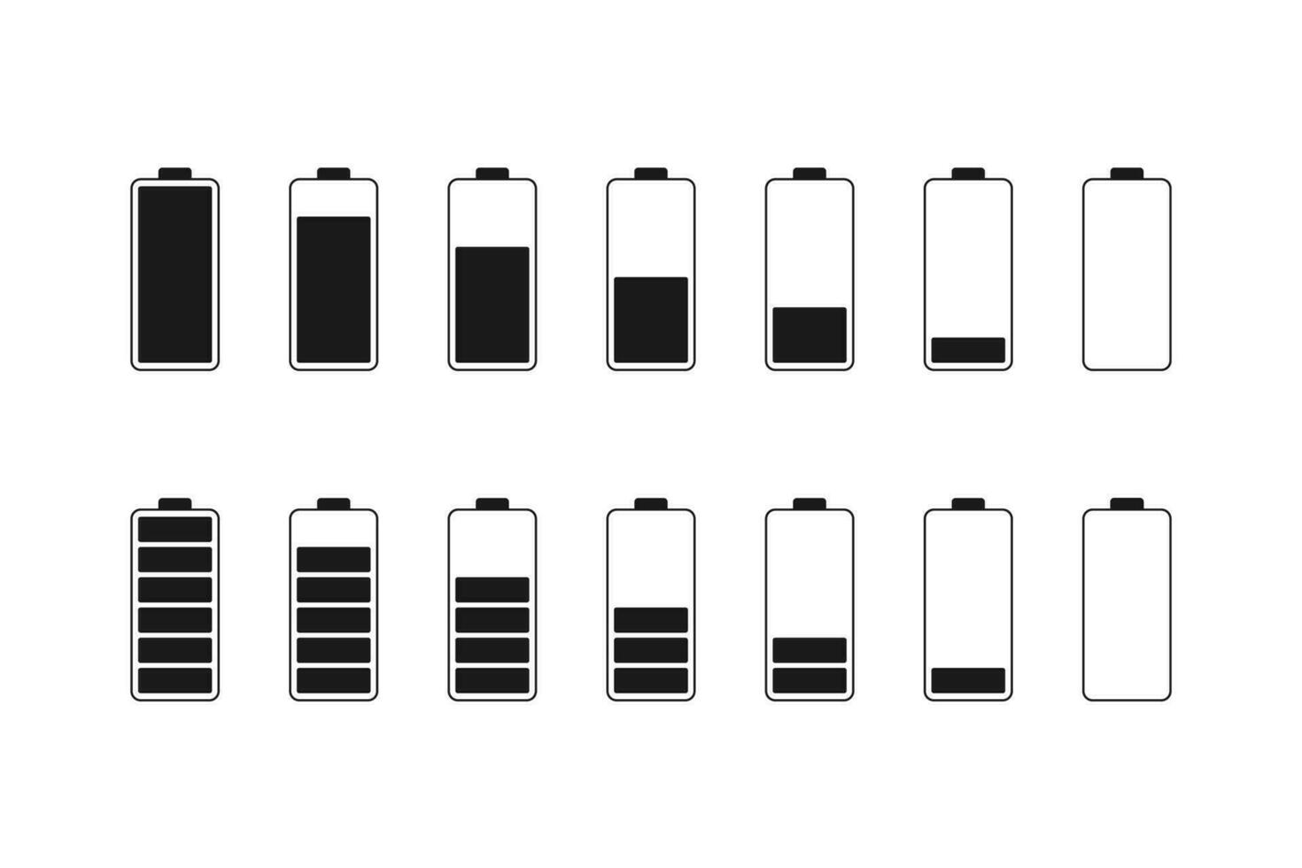 Battery level indicator in black and white. Energy capacity from full to empty status. Mobile battery accumulator. Isolated set of battery level. Charger sign. Vector EPS 10.