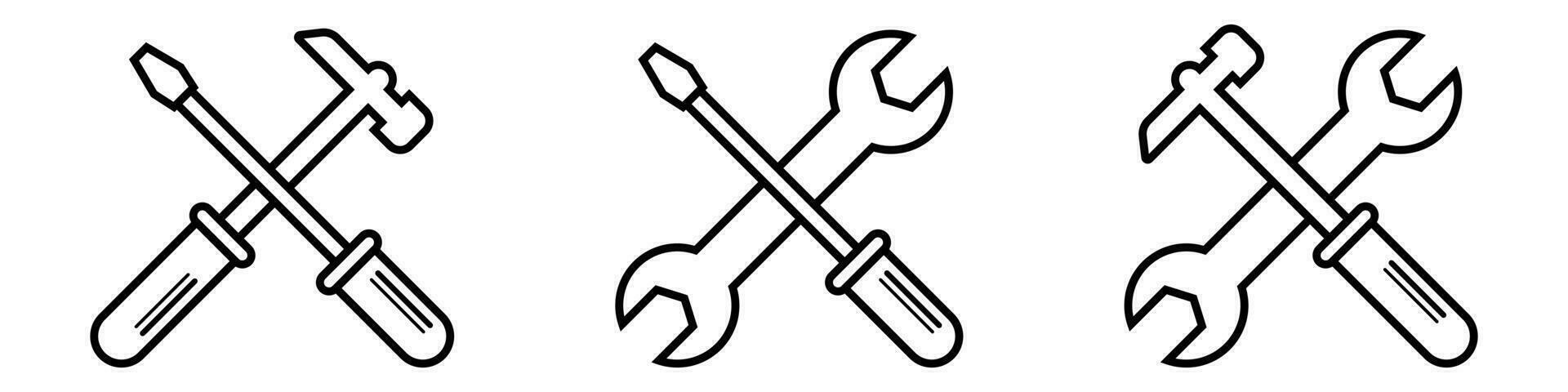 Outline repair service toolkit. Maintenance spanner and hammer silhouette icons. Isolated wrench and screwdriver symbols on white background. Settings pictogram. Vector EPS 10.