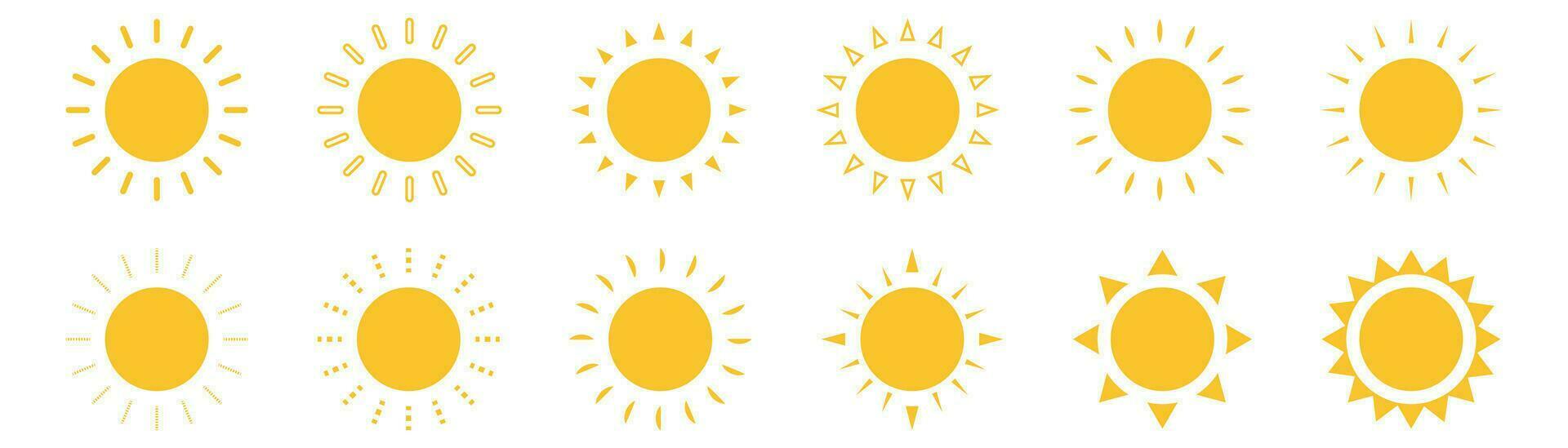 Sun icons collection on white background. Isolated yellow round sun symbol in different variations. Sunburst set in cartoon simple design. Sunlight pictogram. Vector illustration. EPS 10.