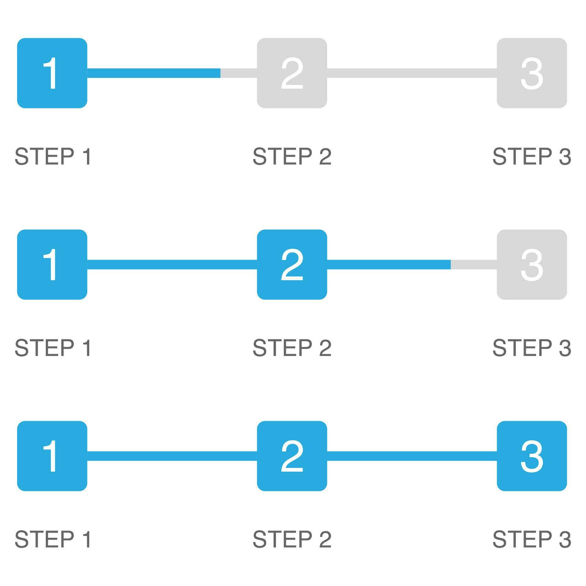 Three steps infographic. Progress bar in blue. Process chart from step ...