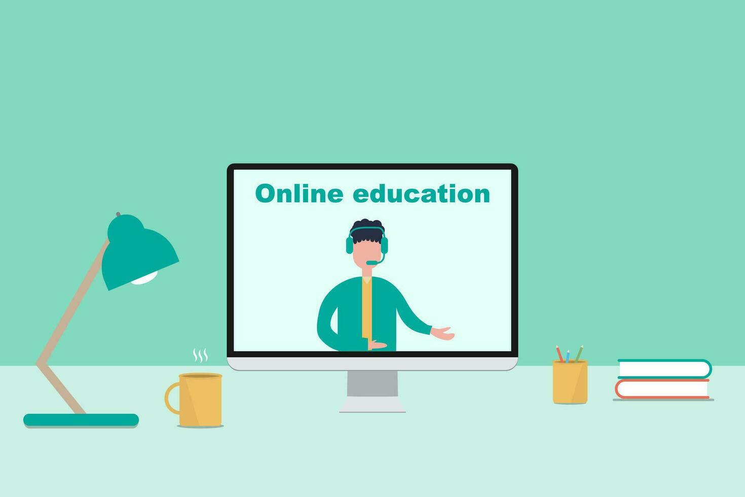 Online education at home. E-learning school. Studying at home. Computer with teacher inside. Remote webinar. Online video conference. Classroom at home. Online course. EPS 10. vector