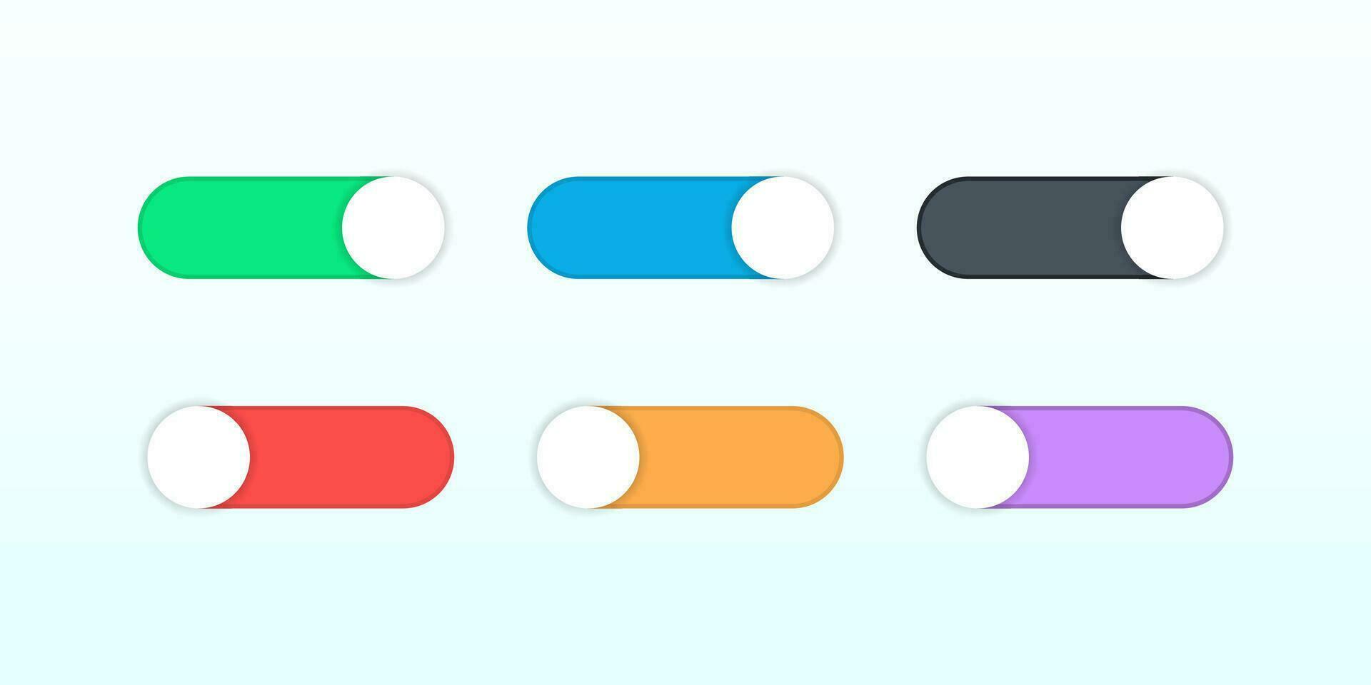 On and off switch toggle. Shutdown switcher button. Colorful set of round toggle. Active and inactive slider controller. Isolated on and off toggle on white background. EPS 10. vector