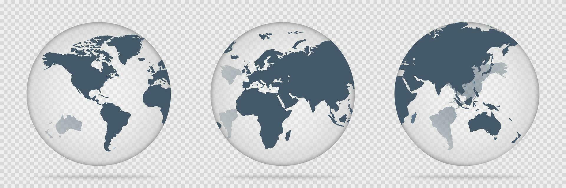 Transparent globe icon. Glass map of world. Planet vector in 3D. Transparent sphere shape with continents. Realistic earth symbol with shadow. Worldwide concept. EPS 10.