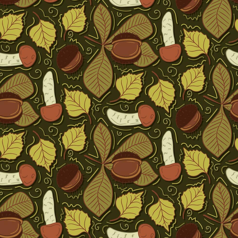 Hand drawn pattern with boletus and chestnut leaves on dark background. Vector flat isolated autumn leaves, chestnuts and wild mushrooms. Outline botany design for textile, decoration, wrapping