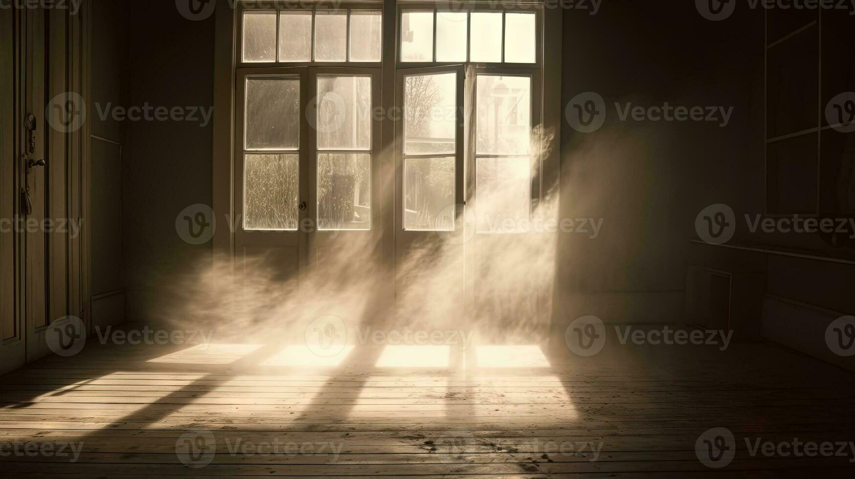 Dusty room with old distressed windows and sun rays. Abandoned grungy interior with lights in the dust. Generated AI. photo