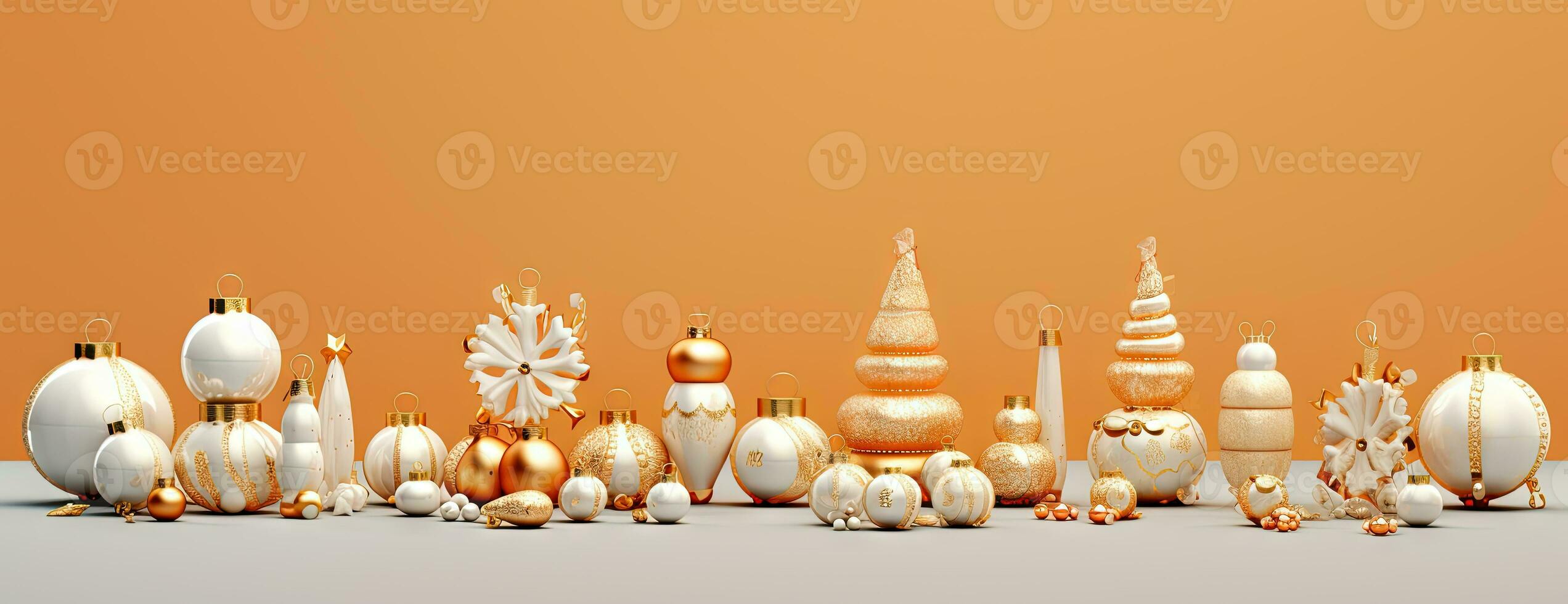 Shiny Christmas baubles in line. Collection of Xmas glass balls with ornament. Generated AI. photo