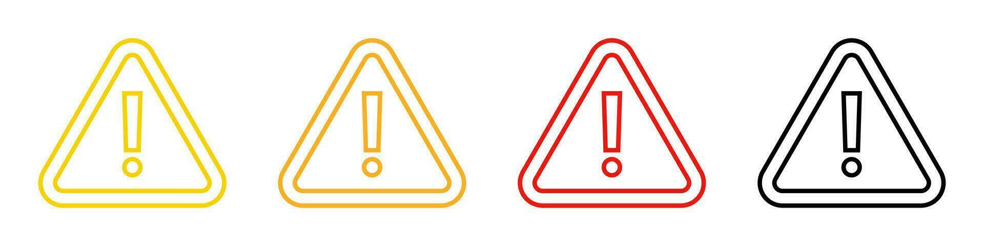 Outline triangle warning sign collection. Isolated attention warn in red and orange on white background. Yellow and black road signal with exclamation mark. Vector illustration. EPS 10.
