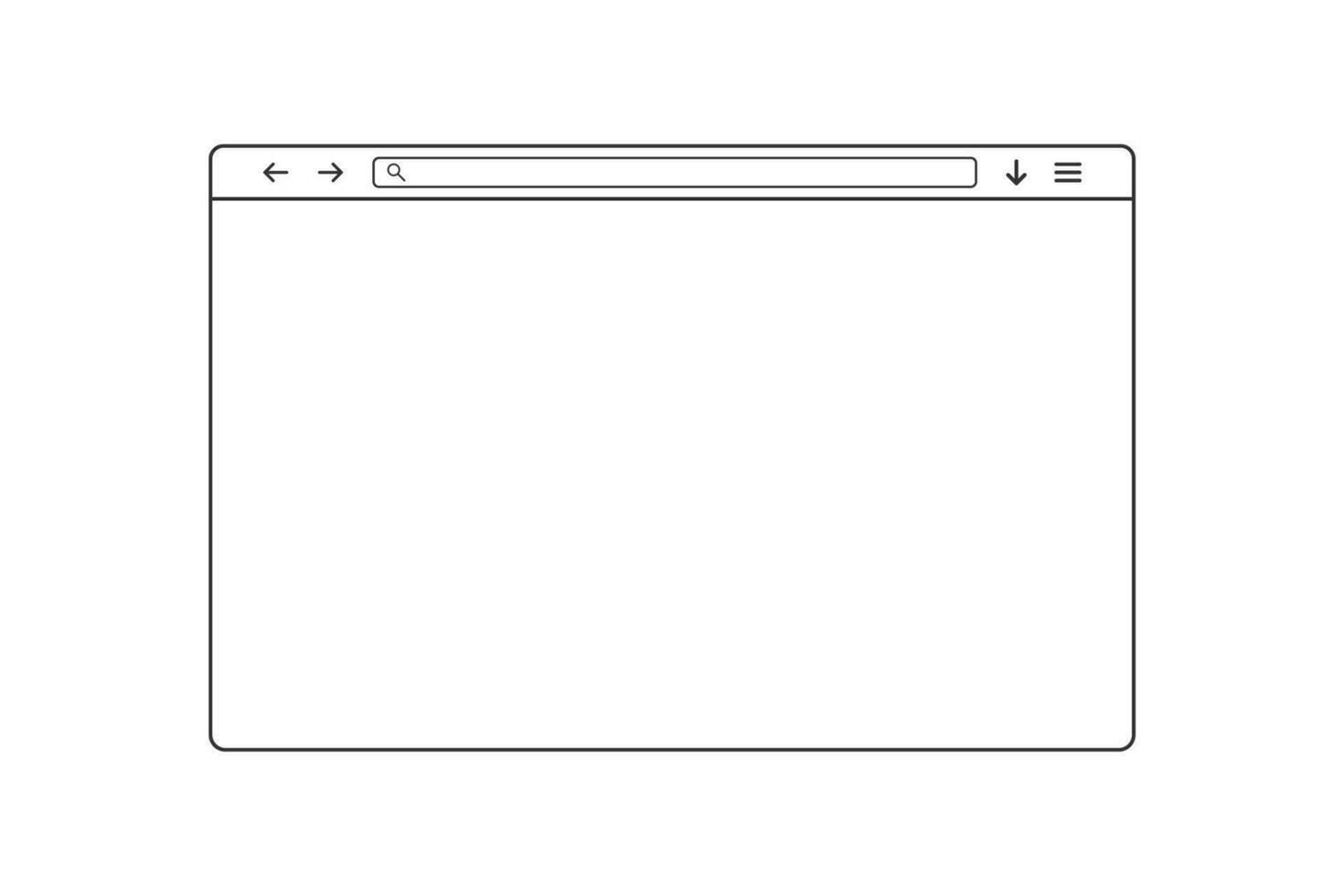 Web browser window. Simple outline web page. Browser template with search bar and loupe icon. Isolated website window on white background. Transparent web browser frame with address. EPS 10. vector